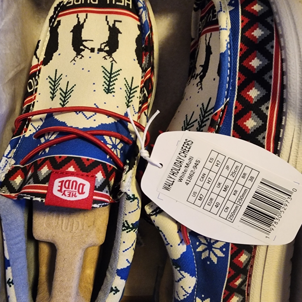 Hey Dude Mens' Patterned Slip-On Shoes - Blue and Red Holiday - Picture 2 of 4